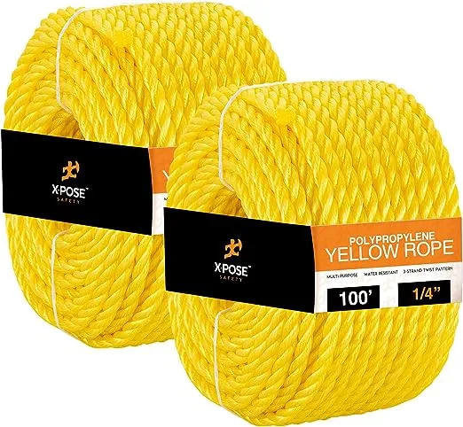 Yellow Twisted Polypropylene Rope - 1/4" Floating Poly Pro Cord 100 Ft - Resistant to Oil, Moisture, Marine Growth and Chemicals - Reduced Slip, Easy Knot, Flexible - by Xpose Safety