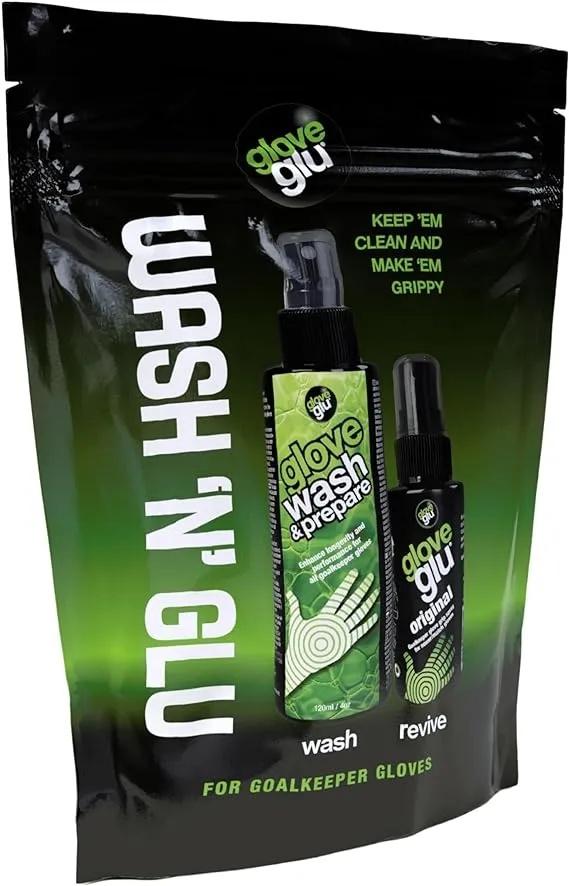 GloveGlu "Wash 'N' Glu Goalkeeper Glove Spray Bundle. Contains 120ml Premium Goalkeeper Glove Wash & Prepare Wash 50ml Original Goalkeeper Grip Spray