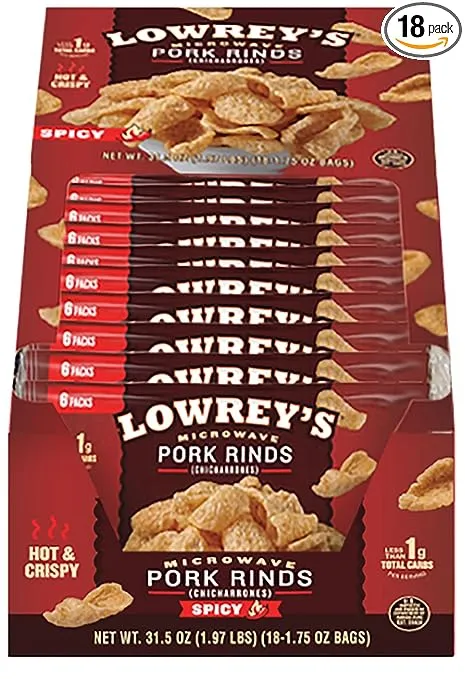 Lowrey's Bacon Curls Microwave Pork Rinds (Chicharrones), Hot & Spicy, 1.75 Ounce (Pack of 18)