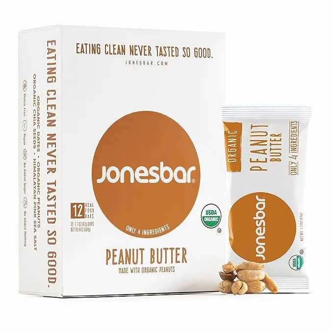 JONESBAR (Peanut Butter, 12 Count (Pack of 1)), USDA Organic Fruit & Nut Bar, Non-GMO, Kosher, Vegan, Gluten Free, Simple Snack Bar