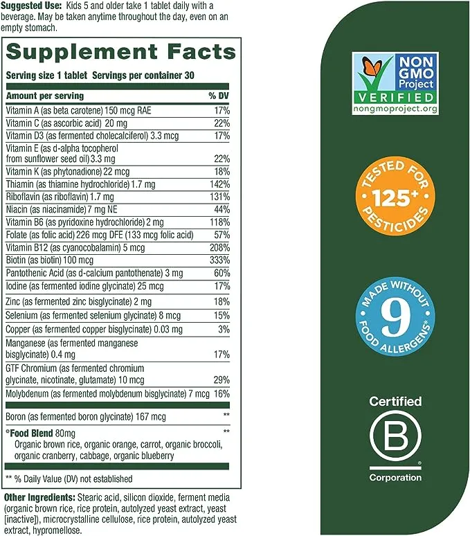 MegaFood Kids One Daily - Kids Vitamins - With Vitamin B, Vitamin C, Vitamin D & Zinc - Bone Health & Immune Support Supplement - Non-GMO, Vegetarian, Made Without 9 Food Allergens - 30 Mini Tabs