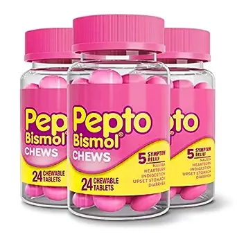 Pepto Bismol Chews, alívio digestivo rápido e eficaz para náuseas, azia, indigestão, dor de estômago, diarreia, sabor de menta e frutas vermelhas, 72 no total (3 pacotes de 24)