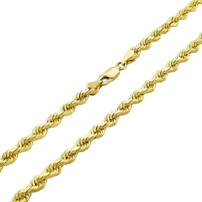 Nuragold 14k Yellow Gold 4mm Solid Rope Chain Diamond Cut Link Pendant Necklace, Mens Jewelry 18" 20" 22" 24" 26" 28" 30"