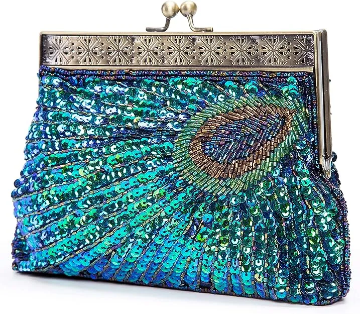 UBORSE Beaded Sequin Peacock Blue Evening Clutch Bags Party Wedding Purse