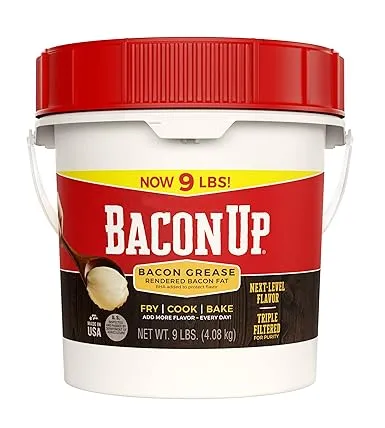 Bacon UpⓇ Bacon Grease for Cooking - 9lb Pail of Authentic Solid Bacon Fat for Cooking, Frying and Baking - Triple-Filtered for Purity, No Carbs, Gluten-Free and Shelf-StableBacon UpⓇ Bacon Grease for Cooking - 9lb Pail of Authentic Solid Bacon Fat for C