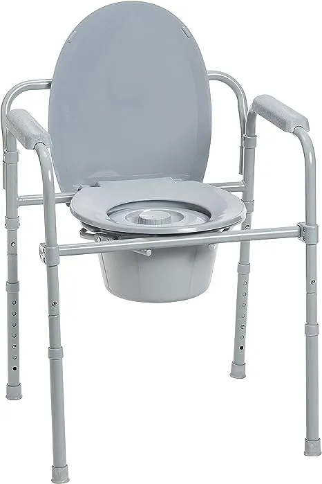 Drive Medical RTL11158KDR Folding Steel Bedside Commode Chair, Portable Toilet, 350 Pound Weight Capacity with 7.5 Qt. Bucket, Grey