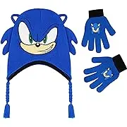 Sonic The Hedgehog Beanie Hat and Glove Set, Kids Knitted Winter Hat and Gloves, Tassels, Blue, One Size