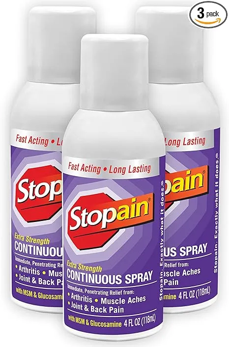 Stopain Pain Relief Spray, 4oz (3 Pack) Made, Max Strength Fast Acting With MSM, Glucosamine, Menthol For Arthritis, Lower Back Sciatica, Knee, Neck, HSA FSA Approved Topical Analgesic Products