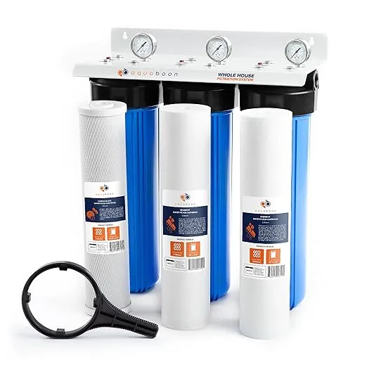 Aquaboon 3-Stage Whole House Water Filter System with 20x4.5 CTO & Sediment Filters, Against Sediment & Chlorine | w/Wrench, Bracket, Gauge & Release