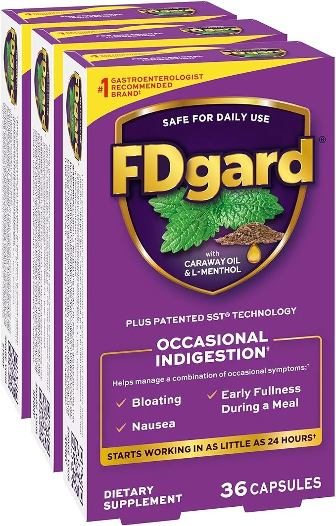 FDgard Gut Health Supplement, Indigestion, Nausea & Bloating, Upset Stomach, 12 Capsules (Packaging May Vary)