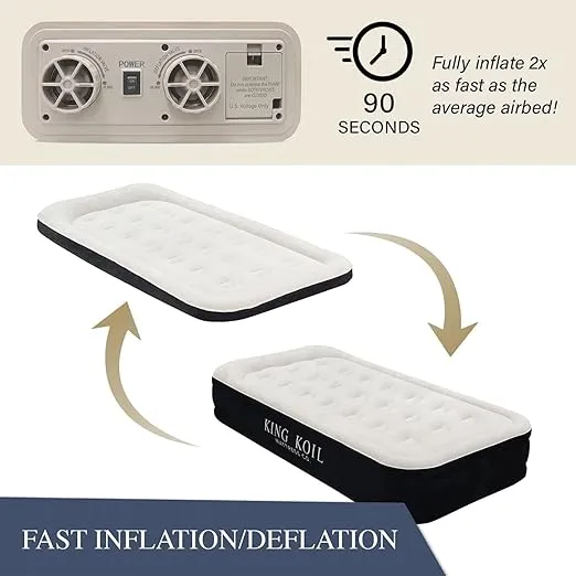 King Koil Luxury Twin Air Mattress with Built-in High Speed Pump for Camping, Home & Guests - Twin Size Double High Airbed Luxury Inflatable Blow Up Mattress Waterproof