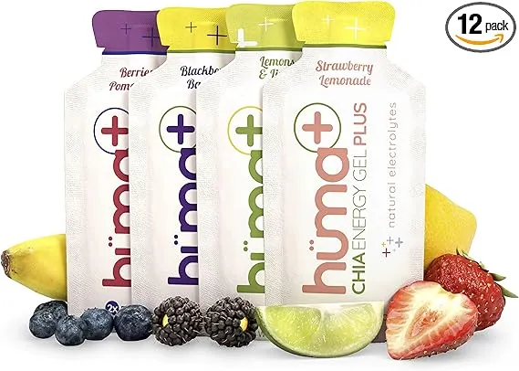 Huma Plus (Double Electrolytes) Chia Energy Gel, Variety Pack - Stomach Friendly, Real Food Energy Gels (8 Original and 4 Plus Gels)