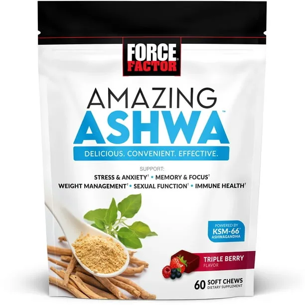 Force Factor Amazing Ashwa for Stress Relief, Memory, Focus, and Immune Support Health, Ashwaganda Supplement with KSM-66 Ashwagandha for Stress, 60 Soft Chews