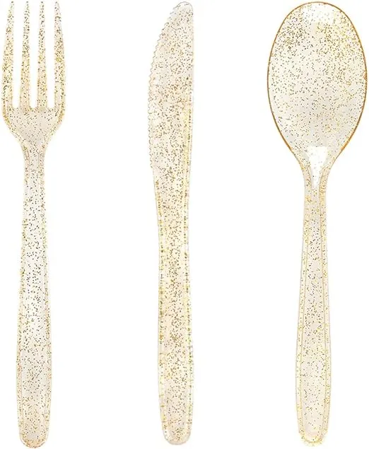 WDF 360 Gold Plastic Silverware - Disposable Gold Glitter Plastic Cutlery - Plastic Silverware inluding: 120 Gold Forks, 120 Gold Spoons, 120 Gold Knives for Wedding/Party