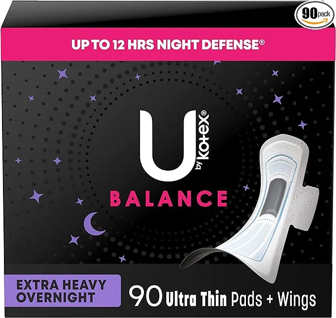 U by Kotex Balance Ultra Thin Overnight Pads with Wings, Extra Heavy Absorbency, 90 Count (Packaging May Vary)