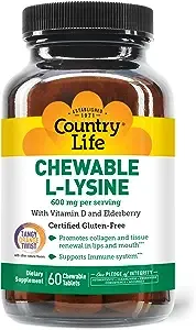 Country Life Chewable L-Lysine Supplement with Vitamin D and Elderberry, Immune Support and Collagen Renewal for Skin Tissue, Ideal for Adults