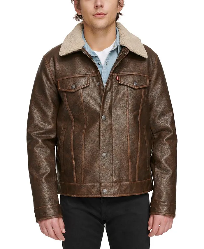 Levi's Men's Faux Leather Sherpa Collar Trucker Jacket