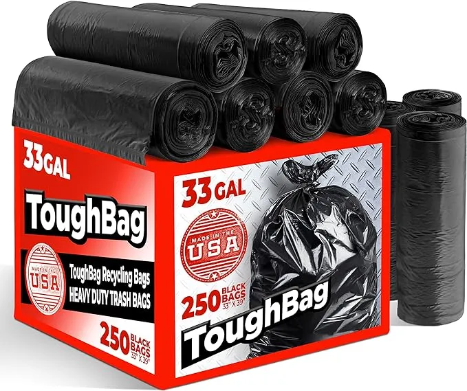 ToughBag 33 Gallon Trash Bags, 32 x 38" Black Garbage Bags (250 COUNT) – Outdoor Industrial Garbage Can Liner for Custodians, Landscapers, Lawn Bags - Made In USA