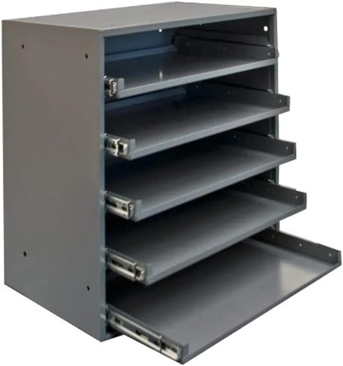 Durham 305B-95 Cold Rolled Steel Heavy Duty Triple Track Bearing Slide Rack with 5 Large Compartment Boxes, 375 lbs Capacity, Gray Powder Coated Finish