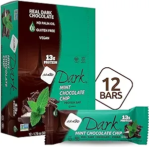 NuGo Dark Chocolate Mint Chocolate Chip, 13g Vegan Protein, 200 Calories, Gluten Free, 12 Count