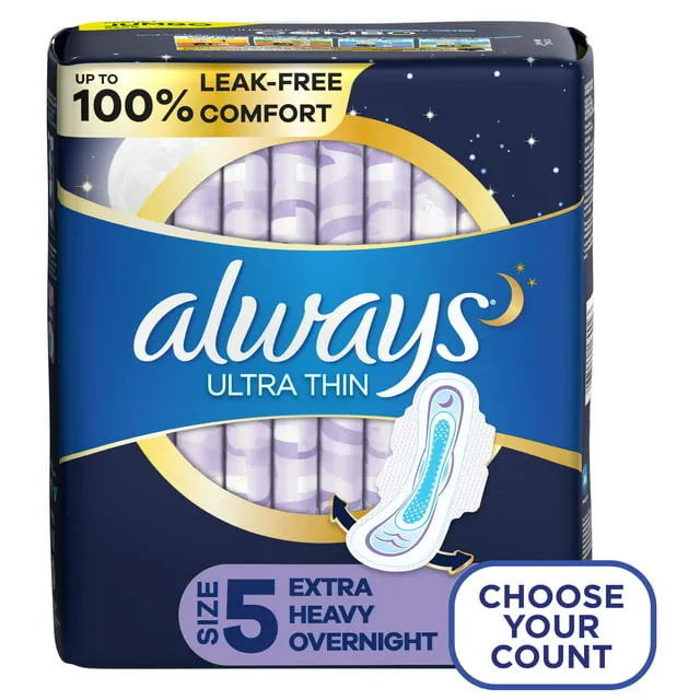 Always Ultra Thin Overnight Pads with Wings, Size 5, Extra Heavy Overnight, 46 Ct