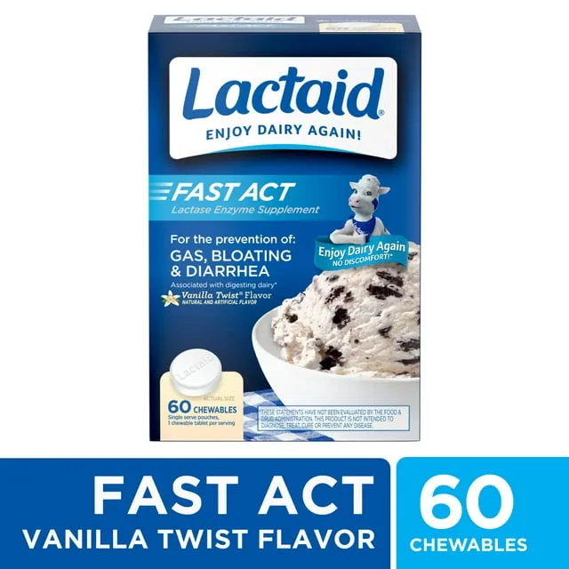 Lactaid Fast Act Lactose Intolerance Chewables with Lactase Enzymes, Vanilla, 60 Count (Pack of 1)Lactaid Fast Act Lactose Intolerance Chewables with…