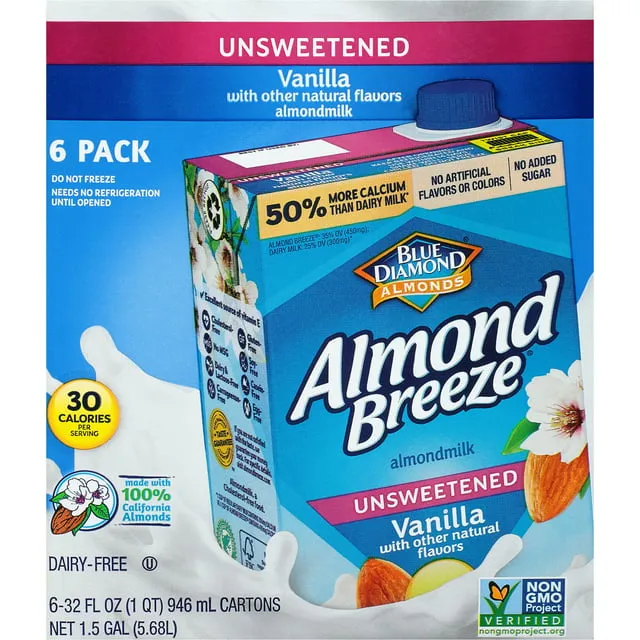 Blue Diamond Almond Breeze Unsweetened Vanilla Almondmilk, 64 fl oz, 2 Pack