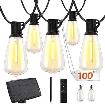 100FT Solar String Lights Outdoor Waterproof, Solar Patio Lights with Remote Control & 30+2 Dimmable ST38 Edison Bulbs Shatterproof,Solar Powered String Lights for Outside Garden Backyard