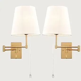 HYDELITE Gold Swing Arm Wall Lamp Brass Wall Sconces with Linen Shade | Plug-in or Hardwired Wall Light Fixtures Bedroom Bedside, House Reading, Living Room, Home Hallway, Dinning Set of 2