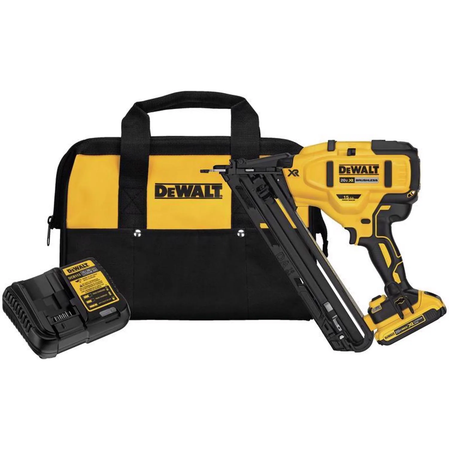 DEWALT 20V MAX Finish Nailer Kit, Angled, 15GA, Battery, Charger & Bag (DCN650D1) 