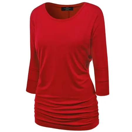 Made by Johnny Women s Boat Neck 3/4 Sleeve Draped Dolman Top with Side Shirring Premium Shirt M RED