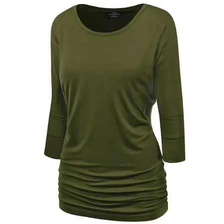 Made by Johnny Women s Boat Neck 3/4 Sleeve Draped Dolman Top with Side Shirring Premium Shirt M OLIVE