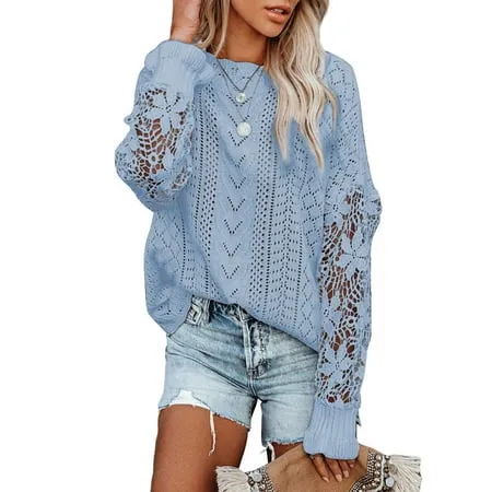 Sidefeel Women s Elegant Knitted Pullover Tops Crew Neck Long Sleeve Crochet Knit Slouchy Sweater Shirts Sky Blue M 8-10