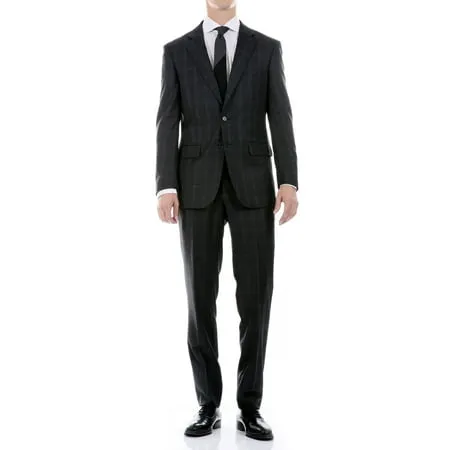 Ferrecci Men's Yves Black/Grey Plaid Check Slim Fit Notch Lapel 2 Piece Wool Suit with Matching Flat-Front Dress Pants (40 Short)