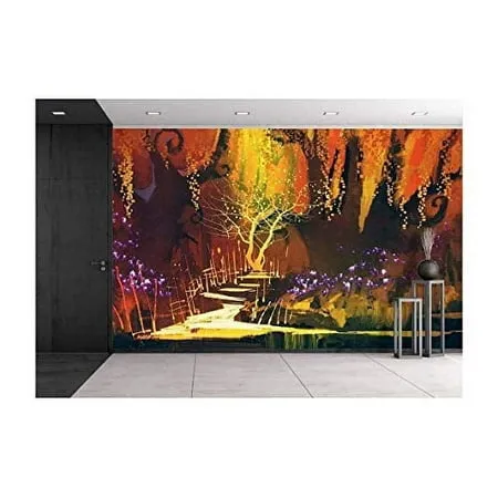 wall26 - Illustration - Abstract Colorful Landscape Fantasy Forest Illustration Painting - Removable Wall Mural | Self-Adhesive Large Wallpaper - 66x96 inches