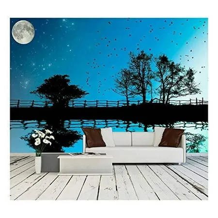 wall26 - The Lake Fence and and Trees on Dark Sky Background with Moon and Stars Fantasy Illustration - Removable Wall Mural | Self-Adhesive Large Wallpaper - 100x144 inches