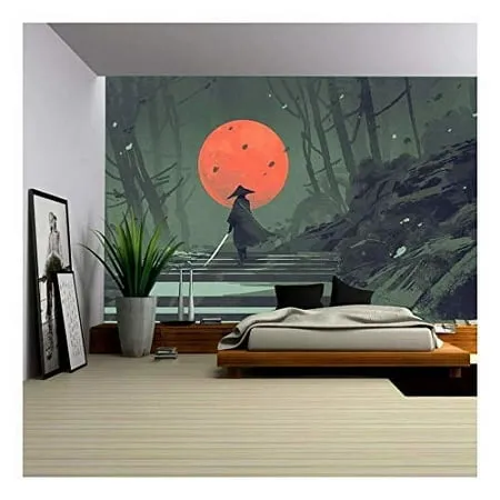 wall26 - Illustration - Samurai Standing on Stairway in Night Forest with The red Moon on Background Illustration Painting - Removable Wall Mural | Self-Adhesive Large Wallpaper - 66x96 inches