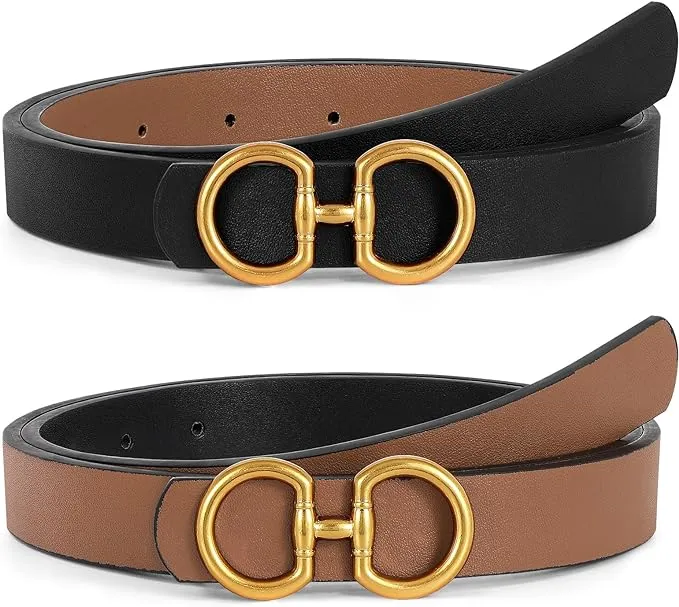 Women Reversible Leather Belt for Jeans Pants Fashion Ladies Belt with Gold Buckle