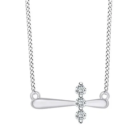 1/10 Carat CT White Natural Diamond Three Stone Sideways Cross Pendant Necklace 14k White Gold Plated Sterling Silver 18 Chain (I-J Color I2-I3 Clarity 0.10 Cttw)