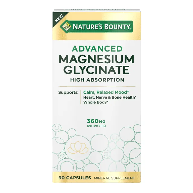 Nature's Bounty, Glicinato de magnesio avanzado, Alta absorción, 360 mg, 90 cápsulas (120 mg por cápsula)