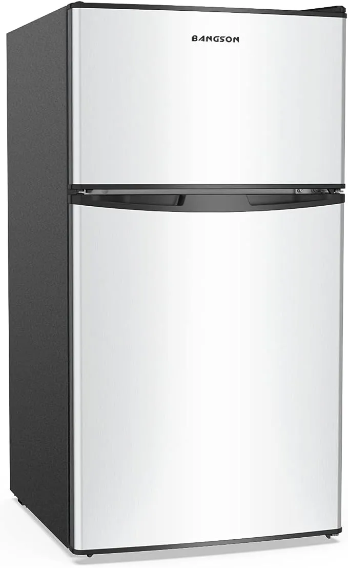 BANGSON Mini Fridge with Freezer, 3.2 Cu.Ft Compact Refrigerator, 5 Settings Temperature Adjustable, Low Noise Refrigerator, 2 Door Mini Fridge for Apartment, Home, Office and Dorm, Silver