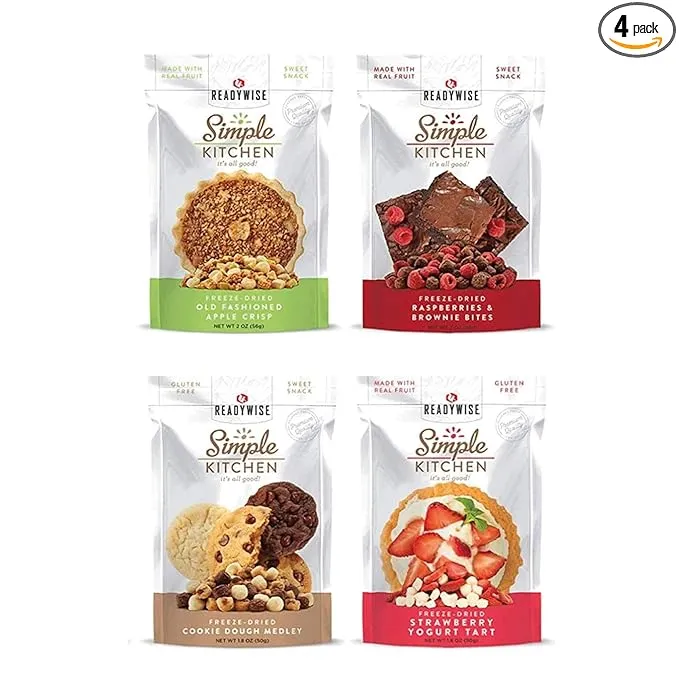 READYWISE - Simple Kitchen, Sweet Treats Variety Pack, 8 Servings, Pack of 4, Fruit Snacks, Healthy, Organic, Chips, Gluten Free Options, Camping, Hiking Snacks, Backpacking Food, Resealable Pouch