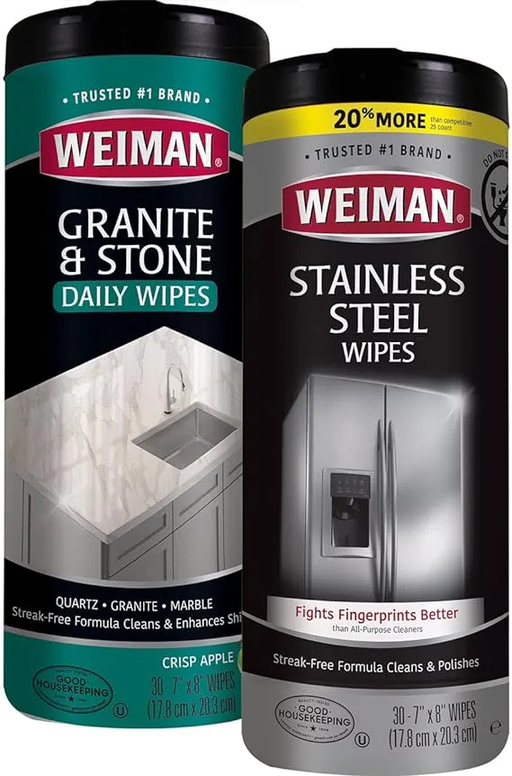 Weiman Stainless Steel Wipes and Granite Wipes (30 Count Each) - Keep Appliances Shining Bright and Protect Countertops with The PH Neutral Formula