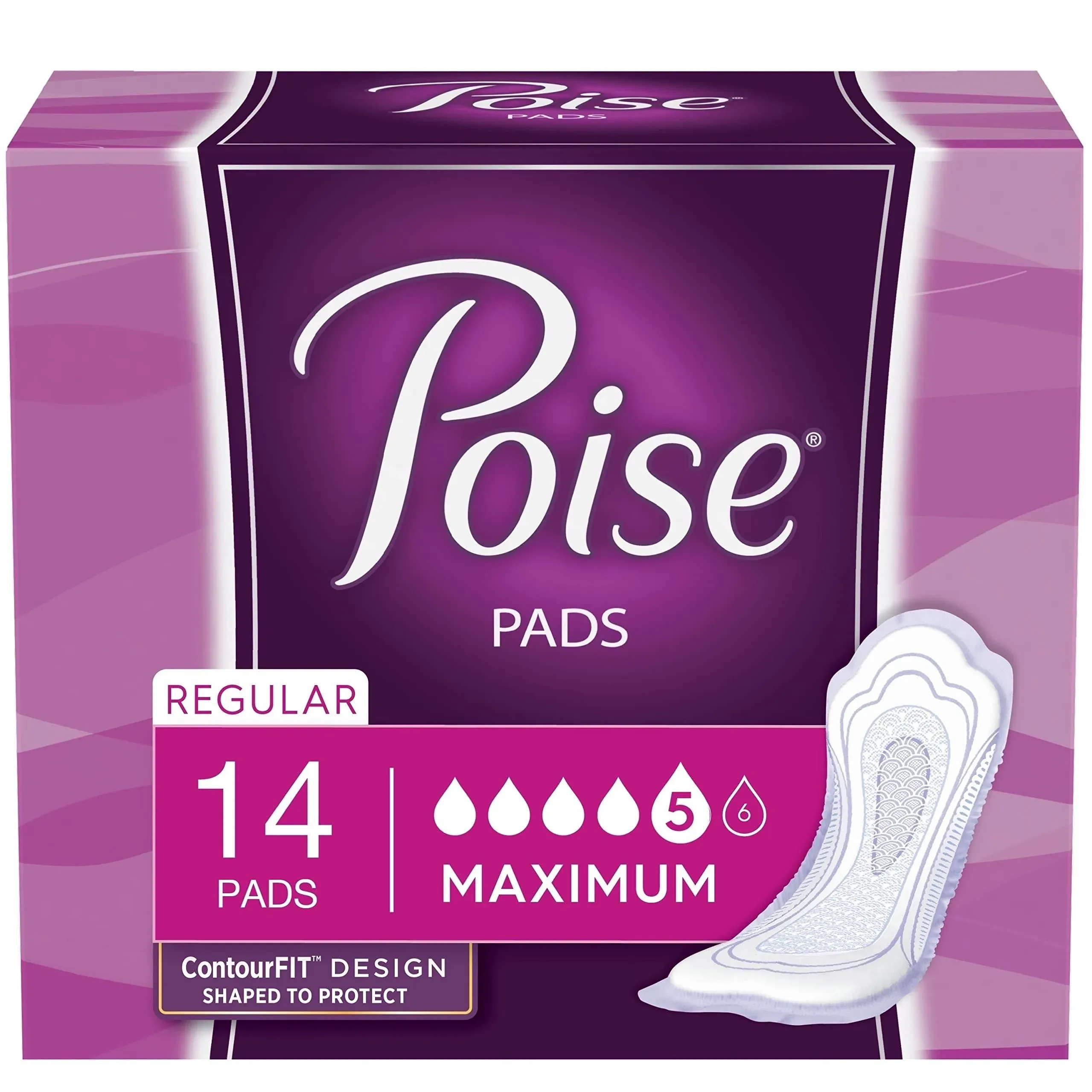 Poise Incontinence Pads & Postpartum Incontinence Pads, 5 Drop Maximum Absorbency, Regular Length, 14 Count, Packaging May Vary