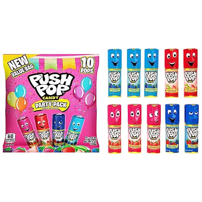 Push Pop Candy Lollipops - Lollipop Variety Bulk Party Pack - 10 Count Individually Wrapped Lollipop Candy in Assorted Flavors - Fun Non Melting Candy for Gifts, Party Favors, Birthdays, Pantry