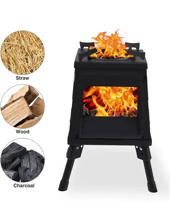 Wood Burning Camp Stove, Folding Cast Iron Camping Wood Stove with Carrying Case Portable for Backpacking Outdoor Cooking BBQ, Black, Large