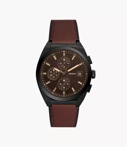 Fossil Everett - Reloj para hombre con correa de acero inoxidable o cuero, Negro, marrón