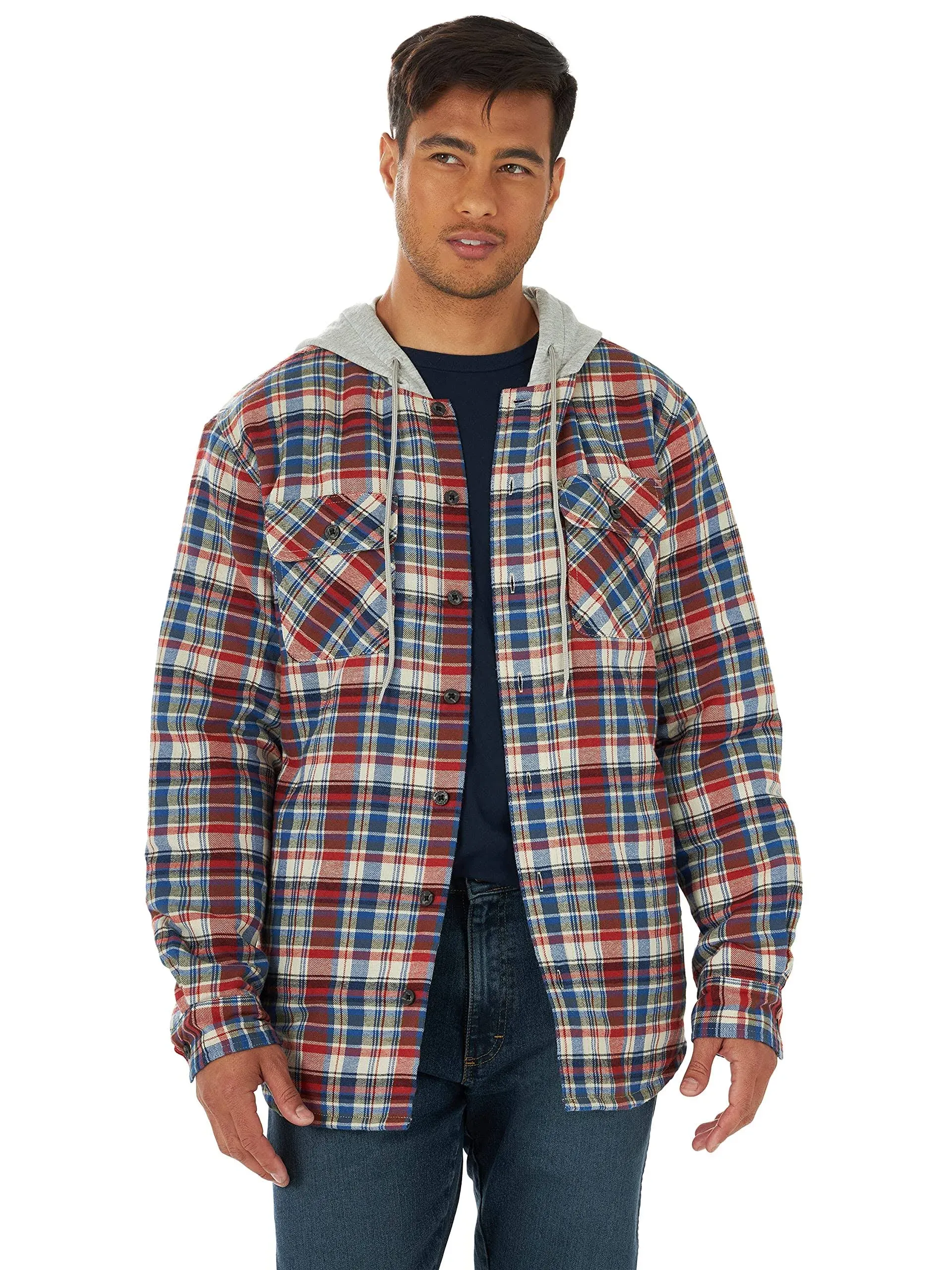 Wrangler Authentics Men&#039;s Long Sleeve Quilted Lined Flannel Shirt Jacket with Ho