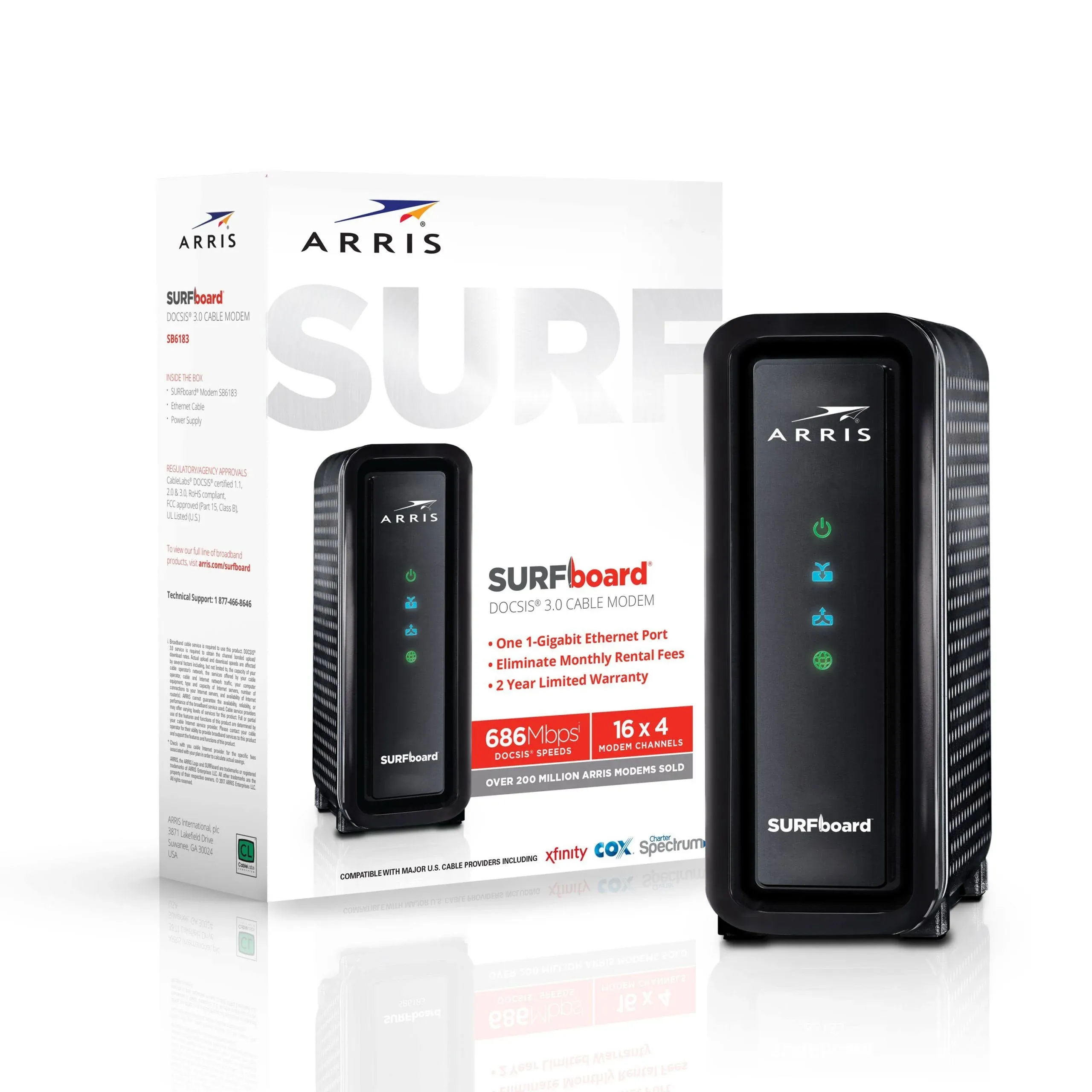 ARRIS SURFboard SB6183-RB DOCSIS 3.0 16x4 Gigabit Cable Modem, Comcast Xfinity, Cox, Spectrum and more, 1 Gbps Port, 400 Mbps Max Internet Speed, Easy Set-up with SURFboard Central App - RENEWED