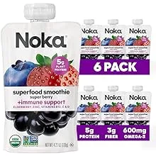 Noka Superfood Fruit Smoothie Pouches, Strawberry Banana with Immune Support, Healthy Snacks with Flax Seed, Elderberry and Plant Protein, Vegan & Gluten Free, Organic Squeeze Pouch, 4.22 oz, 6 CountNoka Superfood Fruit Smoothie Pouches, Strawberry Banan